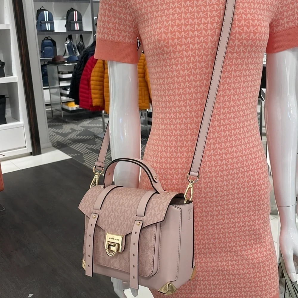 Michael Kors MK print Manhattan satchel crossbody Powder blush